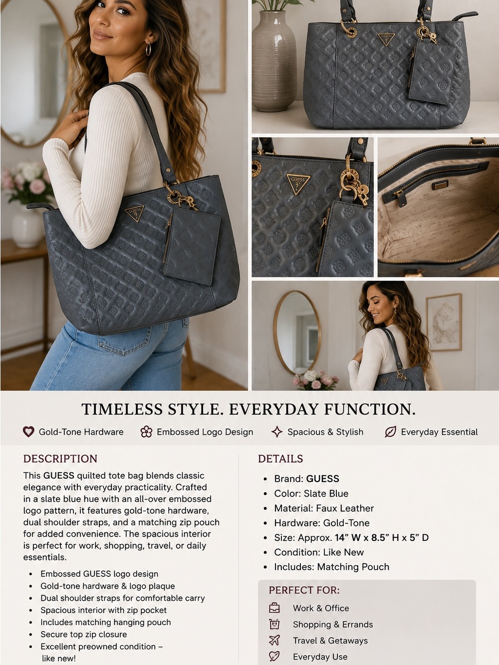GUESS Embossed Logo Quilted Tote Bag Gray Blue Gold Hardware Shoulder Bag - Picture 4 of 4
